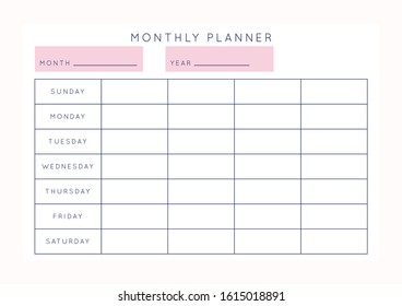 Vector minimalist abstract planner.Modern female organizer in pastel pink rose colors.Daily, weekly, monthly planner template.Blank printable horizontal notebook page.Paper sheet size A4.