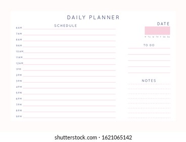 Vector minimalist abstract planner.Modern female organizer in pastel pink rose colors.Daily, weekly, monthly planner template.Blank printable horizontal notebook page.Paper sheet size A4.