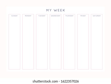 Vector minimalist abstract planner.Modern female organizer in pastel pink rose colors.Daily, weekly, monthly planner template.Blank printable horizontal notebook page.Paper sheet size A4.