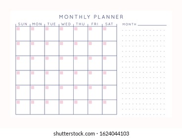 Vector minimalist abstract planner.Modern female organizer in pastel pink rose colors.Daily, weekly, monthly planner template.Blank printable horizontal notebook page.Paper sheet size A4.