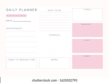 Vector minimalist abstract planner.Modern female organizer in pastel pink rose colors.Daily, weekly, monthly planner template.Blank printable horizontal notebook page.Paper sheet size A4.