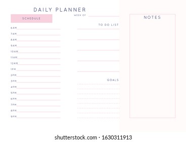 Vector minimalist abstract planner.Modern female organizer in pastel pink rose colors.Daily, weekly, monthly planner template.Blank printable horizontal notebook page.Paper sheet size A4.