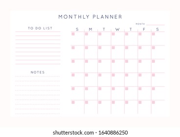 Vector minimalist abstract planner.Modern female organizer in pastel pink rose colors.Daily, weekly, monthly planner template.Blank printable horizontal notebook page.Paper sheet size A4.
