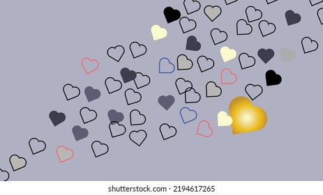 Vector minimalist background. Monochrome background. Pattern with hearts on the wallpaper. Different hearts without filling and in pastel colors. Background, love, romance.