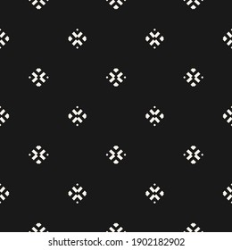 Vector minimalist background. Simple geometric seamless pattern with small floral silhouettes, diamond shapes, crosses. Subtle monochrome abstract texture. Dark minimal design for decor, cover, print