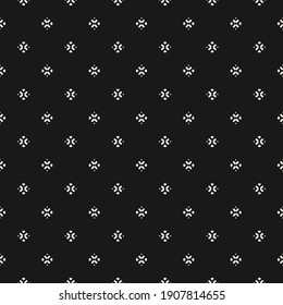 Vector minimalist background. Simple geometric seamless pattern with tiny floral silhouettes, small diamond shapes, crosses. Subtle monochrome abstract texture. Dark minimal design for decor, cover