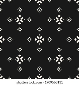 Vector minimalist background. Simple geometric floral seamless pattern with small flower silhouettes, diamond shapes, crosses. Minimal monochrome abstract texture. Dark repeat design for decor, wrap