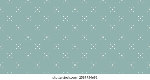 Vector minimalist background. Simple geometric seamless pattern with small diamond shapes, rhombuses, flower silhouettes. Subtle muted green abstract texture. Retro vintage style repeated geo design