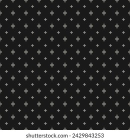 Vector minimalist background. Stylish modern geometric seamless pattern with tiny geo shapes, small lines, circles. Subtle abstract black and white texture. Simple funky minimal dark repeated design