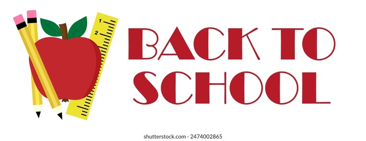 Vector minimalist banner Back to School with apple, pencil or crayon, line isolated on white background. Education long poster, header template for school, graduation, teachers day illustration.