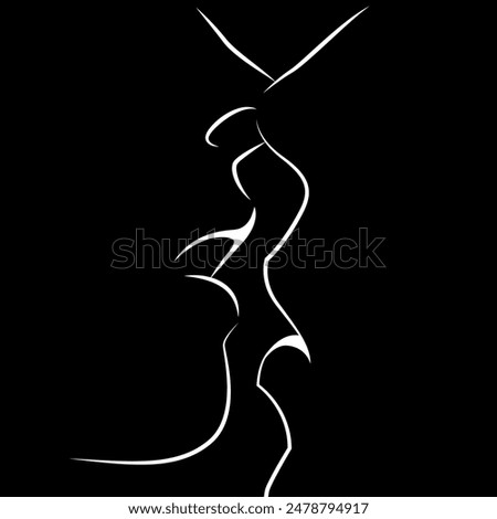 vector minimalist black and white illustration of silhouette of two passionately kissing people in love isolated on white background. useful for Valentines day cards, print, design elements, poster.