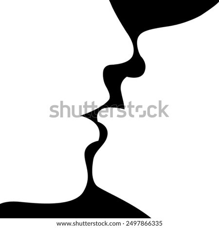 vector minimalist black and white illustration of silhouette of two passionately kissing people in love isolated on black background. useful for Valentines day cards, print, design elements, poster.