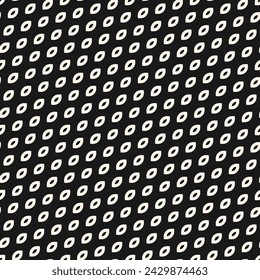 Vector minimalist black and white mesh background. Simple seamless pattern with small curved shapes in diagonal grid, lattice, perforated surface. Minimal monochrome texture. Abstract repeat design 