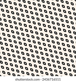 Vector minimalist black and white mesh background. Simple seamless pattern with small curved shapes in diagonal grid. Minimal monochrome texture. Funky abstract repeat design for decor, print, fabric
