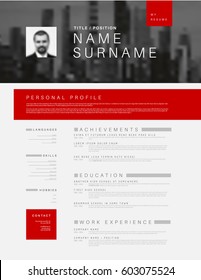 Vector minimalist black, white and red cv / resume template design with profile and header photo