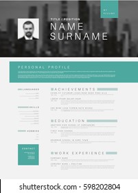 Vector Minimalist Black, White And Teal Cv / Resume Template Design With Profile And Header Photo