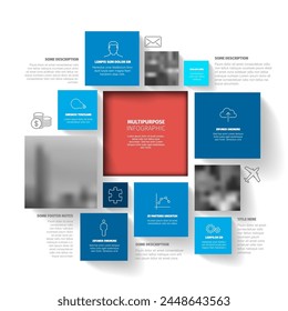 Vector Minimalist blue squares  mosaic Infographic report template with various square blocks and photo placeholders with one big block containing the infographic title.