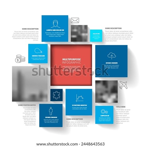 Vector Minimalist blue squares  mosaic Infographic report template with various square blocks and photo placeholders with one big block containing the infographic title.