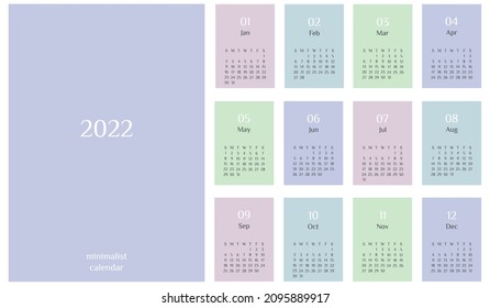 Vector Minimalist calendar 2022 template in pastel color. Week Starts on Sunday. Calendar on color background. Printable template. Blank white notebook page A4