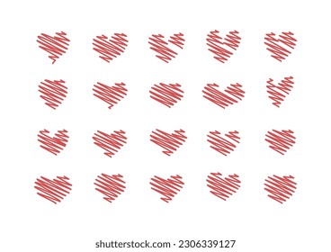 vector Minimalist Character set red hearts doodle isolated on white background.