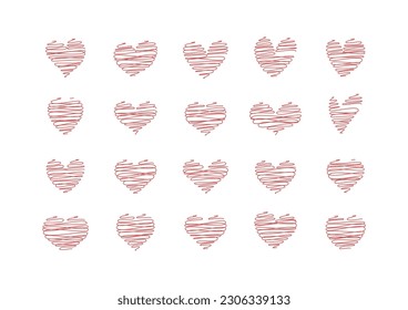 vector Minimalist Character set red hearts doodle isolated on white background.