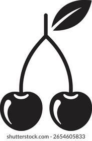 Ilustração de cereja minimalista de vetor com formas sólidas pretas no fundo branco e folha estilizada

