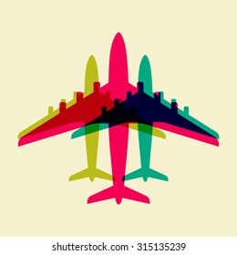 Vector minimalist colorful contrast flat design of modern airplane on a light background