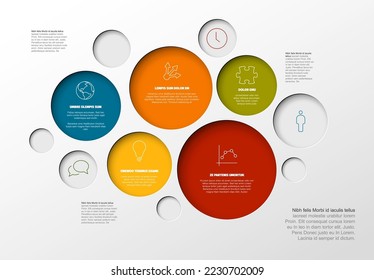 Vector Plantilla de informe Infográfico de color minimalista con círculos de color que contienen información de datos, iconos y descripciones. Los marcadores de posición de texto adicionales están alrededor 