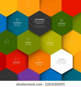 Vector Minimalist colorful Infographic report template with hexagons mosaic filled with various information, icons and numbers. Simple 3d realistic hexagon mosaic pattern template