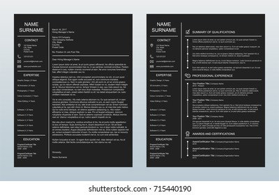Vector Minimalist Creative Cover Letter And One Page Resume/CV Template On Charcoal Background