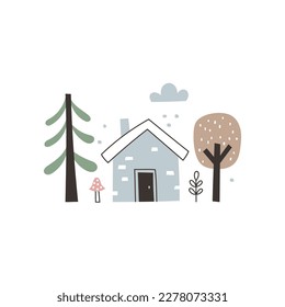 vector minimalist cute illustration with a house in the forest, isolated image, adorable textile design for children