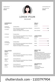 Vector minimalist cv / resume template with nice typogrgaphy design and simple timelines