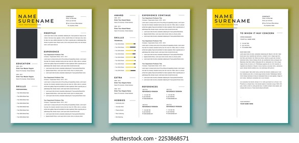 Vector minimalist cv, resume template, yellow color version