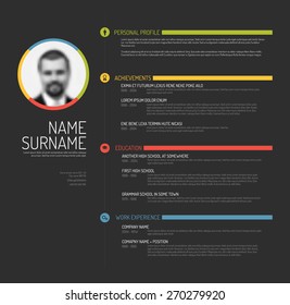 Vector minimalist cv / resume template - minimalistic colorful dark gray version