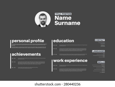Vector minimalista cv / currículum con bonito diseño tipográfico - versión horizontal