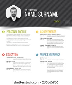 Vector minimalist cv / resume template design with profile photo