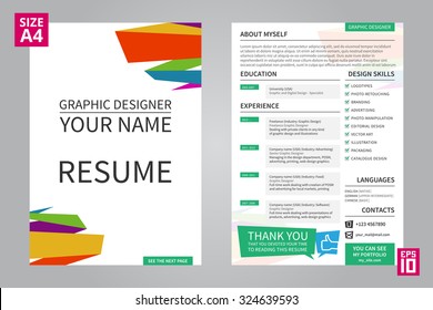 Vector Minimalist Cv / Resume Template For Graphic Designer With Title / Front Page. Cv / Resume Layout For Graphic Designer. Minimal Cv / Resume Template For Graphic Designer. Resume Template A4.