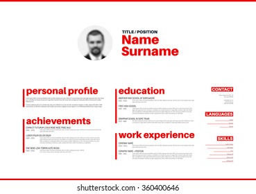 Vector minimalist cv / resume template with nice typogrgaphy design - horizontal red and white version
