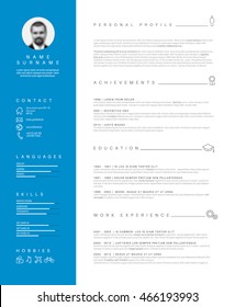 Vector Minimalist Cv / Resume Template With Nice Typogrgaphy Design - Blue And White Simple Curiculum Vitae Layout. 