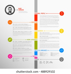 Vector minimalist cv / resume template - minimalistic colorful version, with timeline in the middle