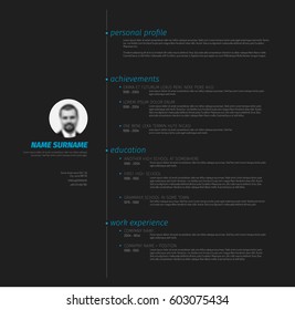 Vector minimalist cv / resume template with nice typogrgaphy design - dark blue version