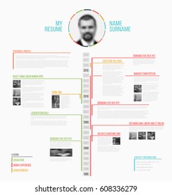 Vector minimalist cv / resume template - minimalistic colorful version, with timeline in the middle