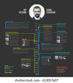 Vector minimalist cv / resume template - minimalistic colorful version, with timeline in the middle, dark background version