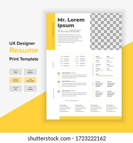 Vector minimalist CV/resume template design with the yellow version. Resume page design with skills education and reference vector layout.