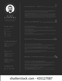 Vector minimalist dark cv / resume template with nice typogrgaphy design. 