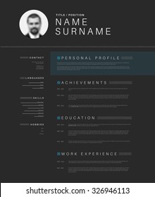 Vector minimalist dark gray cv / resume template design with profile photo