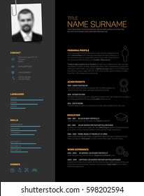 Vector minimalist dark gray cv / resume template design with profile photo