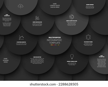 Vector Minimalist dark gray infographic report template with circle  mosaic filled with various information, icons and numbers. Simple 3d realistic circle mosaic pattern template