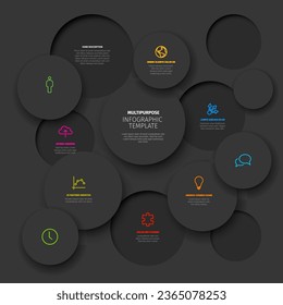 Vector Minimalist dark infographic report template with circle  mosaic filled with various information, icons and numbers. Simple 3d realistic circle mosaic pattern template