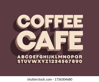 Vector minimalist emblem Coffee Cafe with Brown 3D Font. Modern Alphabet Letters and Numbers